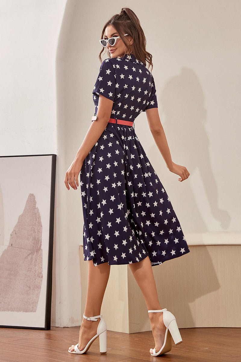Cargar imagen en el visor de la galería, Navy Star Printed 1950s Vintage Dress con mangas cortas