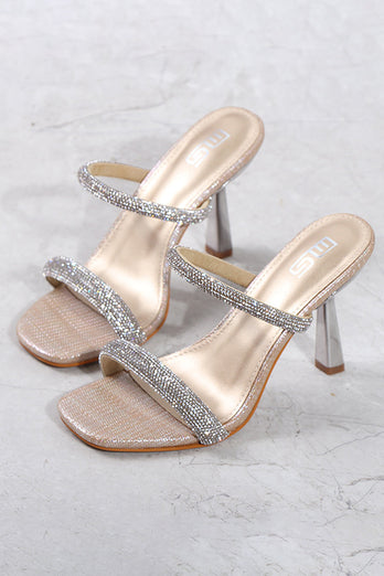 Sandalias de aguja de diamantes de imitación de punta cuadrada
