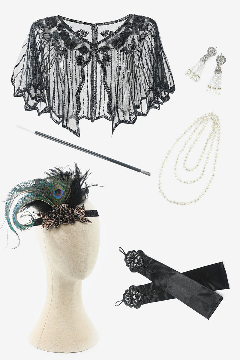Cargar imagen en el visor de la galería, Negro Guantes de collar de seis piezas Accesorios de fiesta de la década de 1920