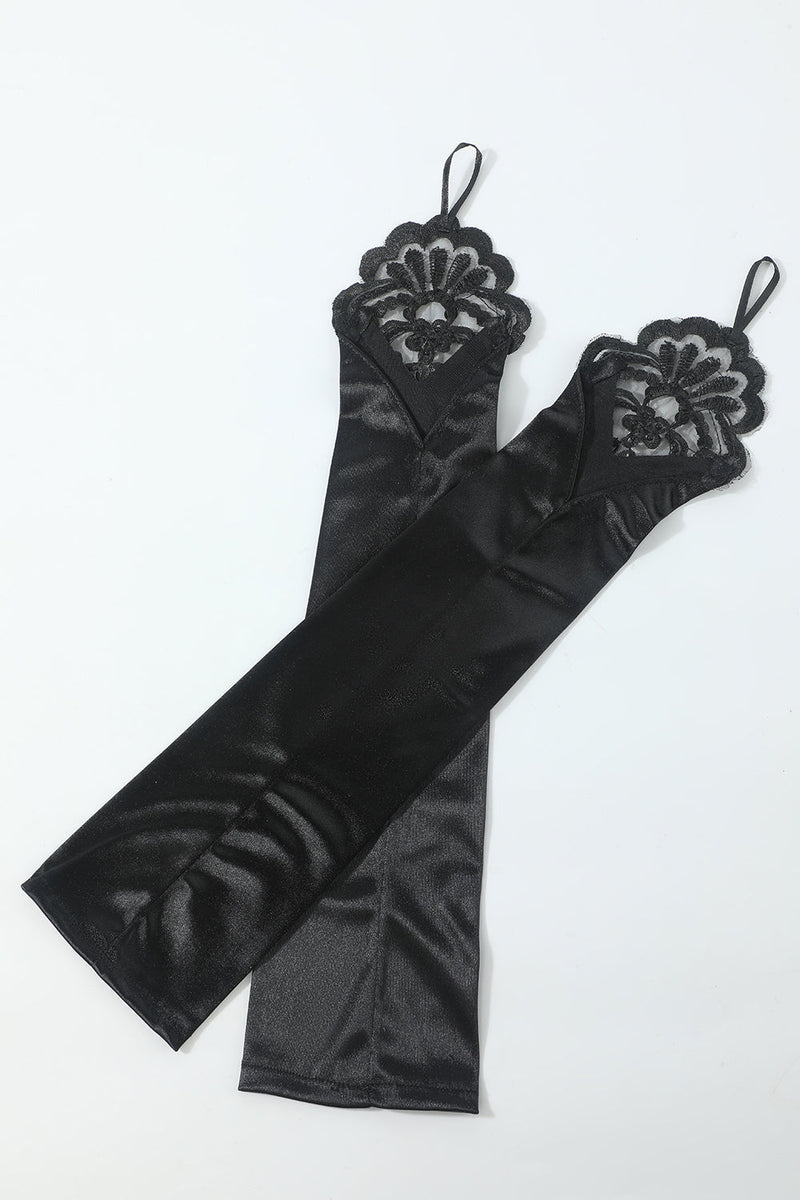 Cargar imagen en el visor de la galería, Negro Guantes de collar de seis piezas Accesorios de fiesta de la década de 1920