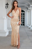 Champagne Spaghetti Straps Vestido de fiesta con hendidura