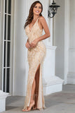 Champagne Spaghetti Straps Vestido de fiesta con hendidura