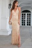 Champagne Spaghetti Straps Vestido de fiesta con hendidura