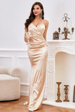 Champagne Spaghetti Straps Sirena Vestido de Noche con Hendidura