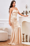 Champagne Spaghetti Straps Sirena Vestido de Noche con Hendidura