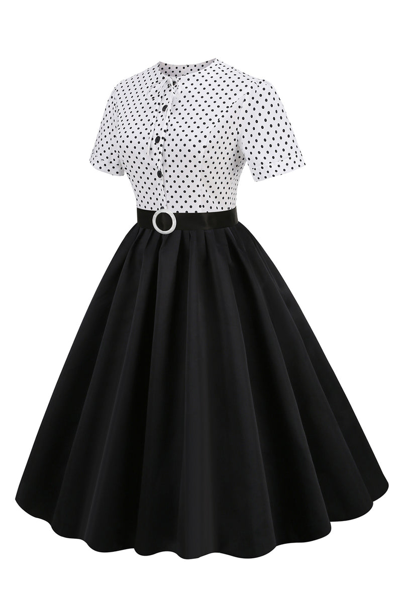 Cargar imagen en el visor de la galería, Vestido de lunares blancos y negros Vintage de la década de 1950