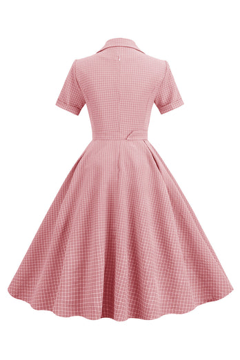 1950s vestido manga corta rosa a cuadros