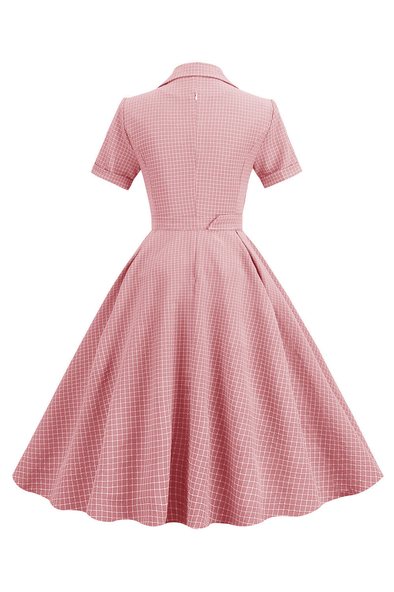 Cargar imagen en el visor de la galería, 1950s vestido manga corta rosa a cuadros