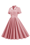 1950s vestido manga corta rosa a cuadros