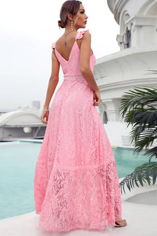 Vestido de invitada de novia largo de encaje rosa
