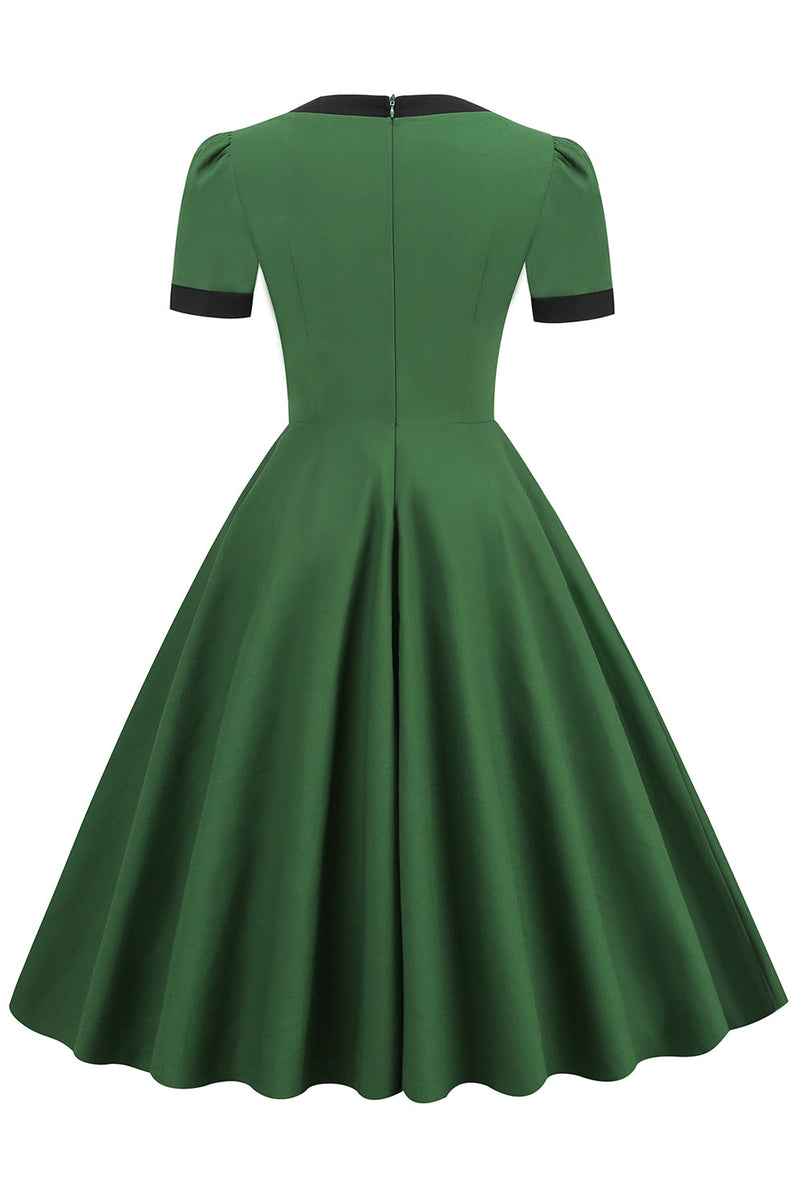 Cargar imagen en el visor de la galería, Vestido de swing verde oscuro de la década de 1950 con lazo