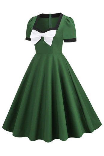 Vestido de swing verde oscuro de la década de 1950 con lazo