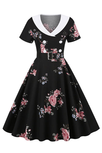 Vestido vintage negro estampado floral con cinturón