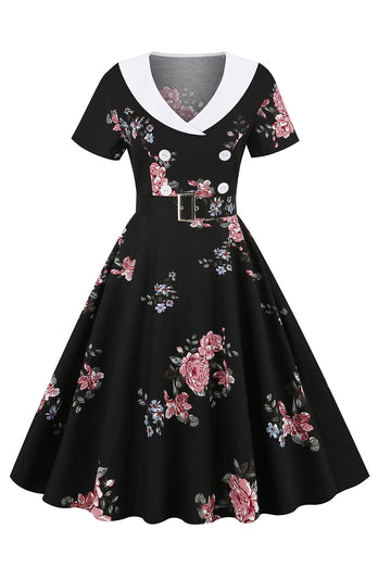 Vestido vintage negro estampado floral con cinturón