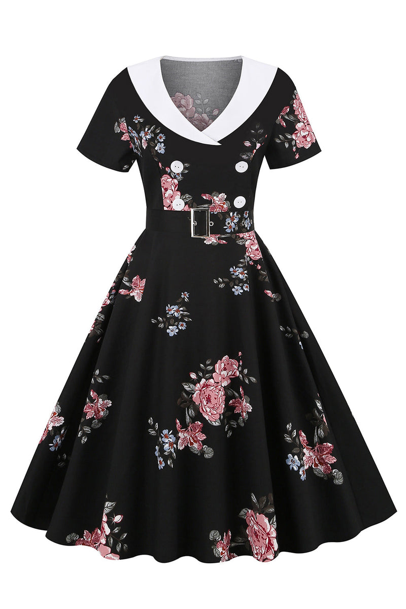 Cargar imagen en el visor de la galería, Vestido vintage negro estampado floral con cinturón