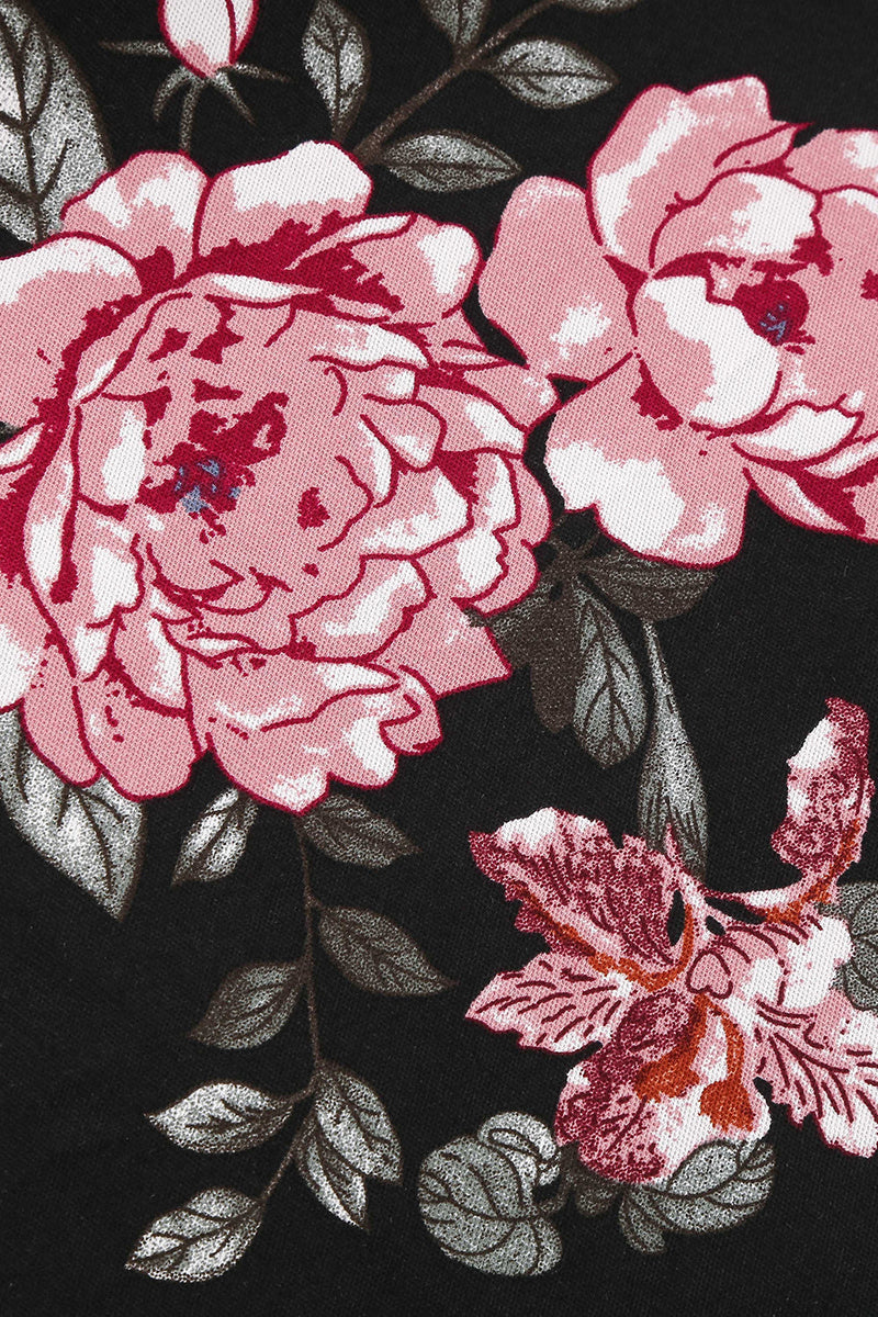 Cargar imagen en el visor de la galería, Vestido vintage negro estampado floral con cinturón