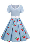 Vestido Vintage Estampado Cereza Azul 1950s