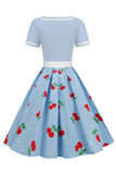 Vestido Vintage Estampado Cereza Azul 1950s