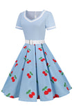 Vestido Vintage Estampado Cereza Azul 1950s