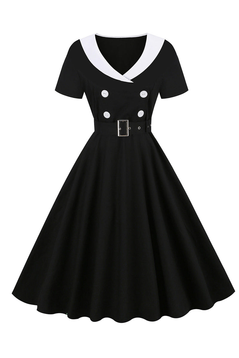 Cargar imagen en el visor de la galería, Vestido swing negro de la década de 1950 con cinturón