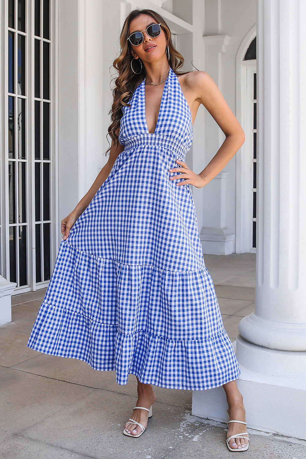 Vestido de verano azul a cuadros Boho Maxi