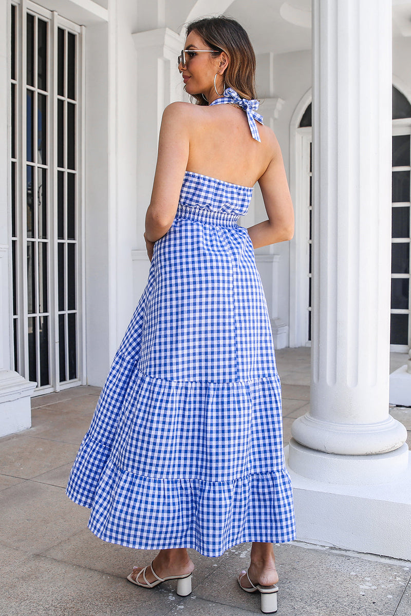 Cargar imagen en el visor de la galería, Vestido de verano azul a cuadros Boho Maxi