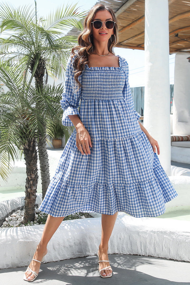 Cargar imagen en el visor de la galería, Vestido de verano azul a cuadros de hombro