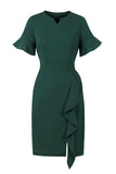 Vestido Bodycon verde oscuro de la década de 1960 con volantes