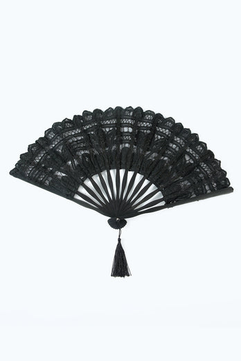 Abanico negro de la década de 1920 con flecos
