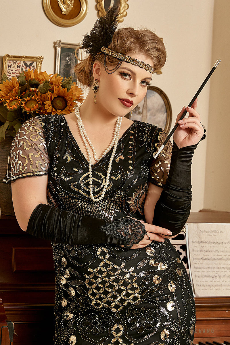 Cargar imagen en el visor de la galería, Negro Dorado Lentejuelas Talla Grande Vestido 1920S de Gatsby