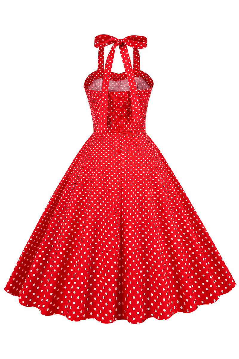 Cargar imagen en el visor de la galería, Estilo retro Halter Red Polka Dots Vestido de la década de 1950