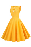 Vestido amarillo retro de la década de 1950 con ojo de cerradura