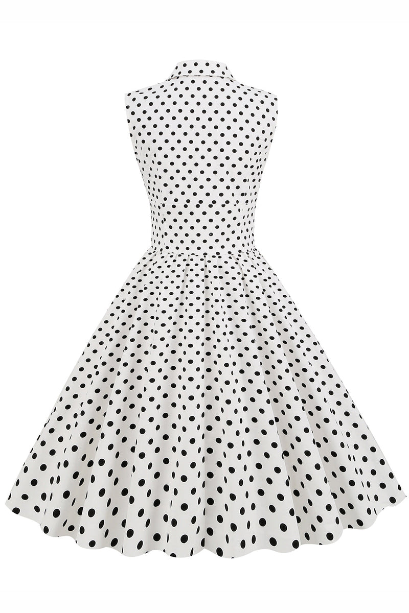 Cargar imagen en el visor de la galería, Blanco Lunares Cuello de solapa Vestido de la década de 1950