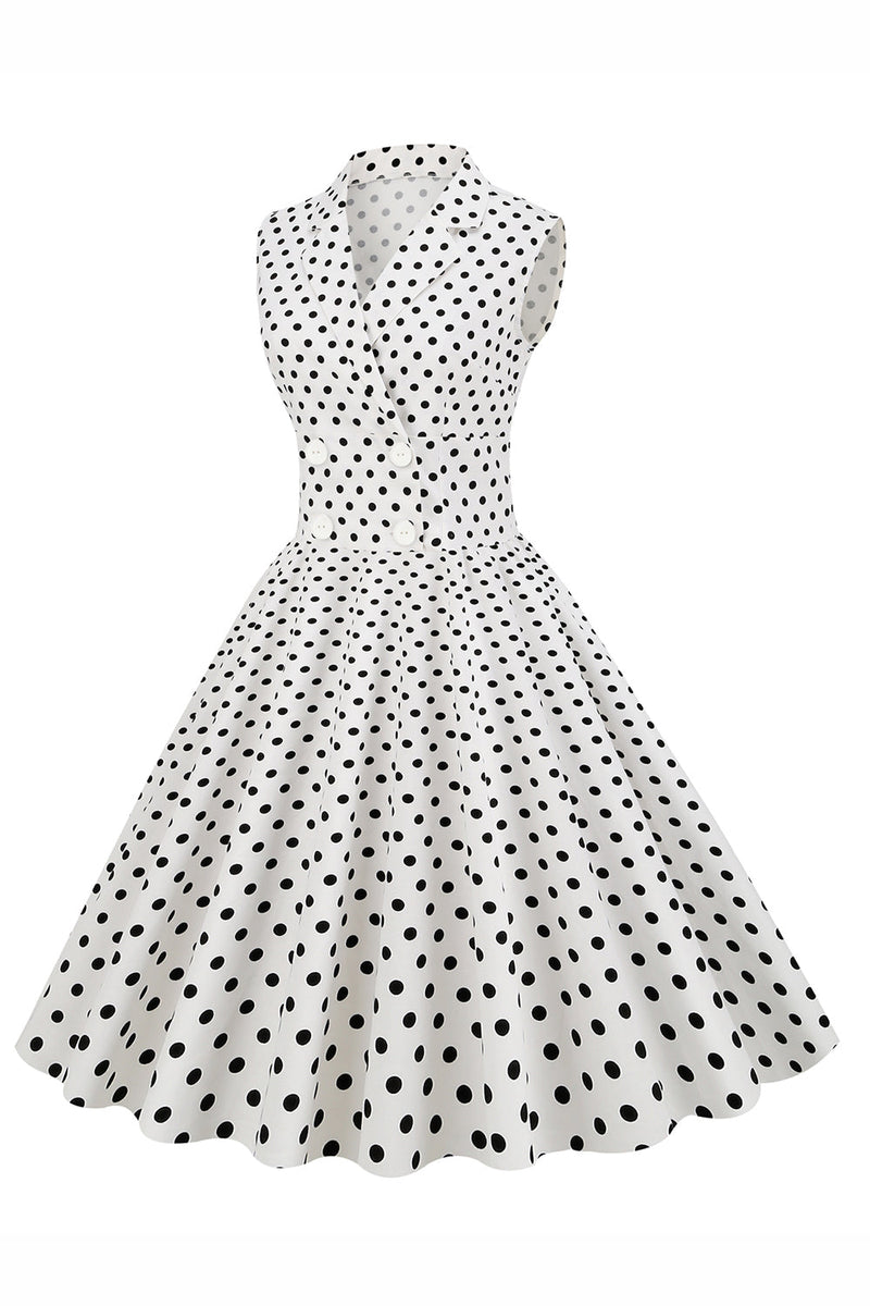 Cargar imagen en el visor de la galería, Blanco Lunares Cuello de solapa Vestido de la década de 1950