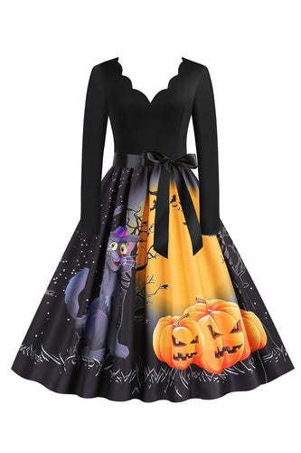 Cuello en V Manga Larga Vestido Vintaje de Halloween