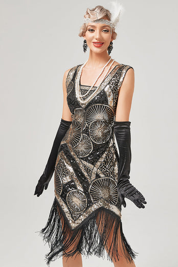 Vestido flapper verde oscuro de la década de 1920 con flecos