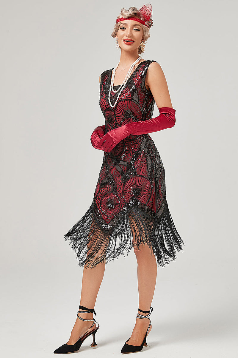 Cargar imagen en el visor de la galería, Vestido flapper verde oscuro de la década de 1920 con flecos