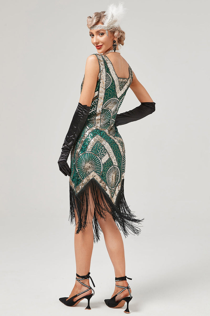Cargar imagen en el visor de la galería, Vestido flapper verde oscuro de la década de 1920 con flecos