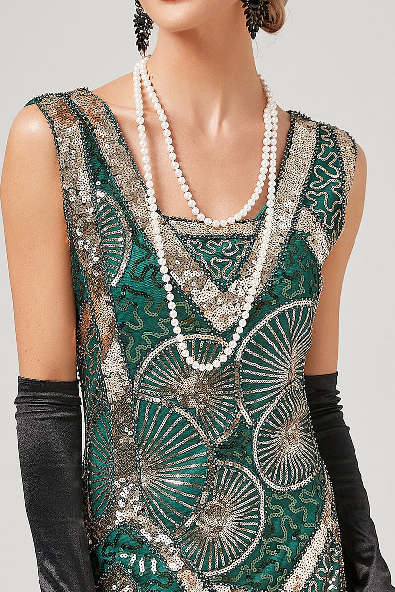 Cargar imagen en el visor de la galería, Vestido flapper verde oscuro de la década de 1920 con flecos