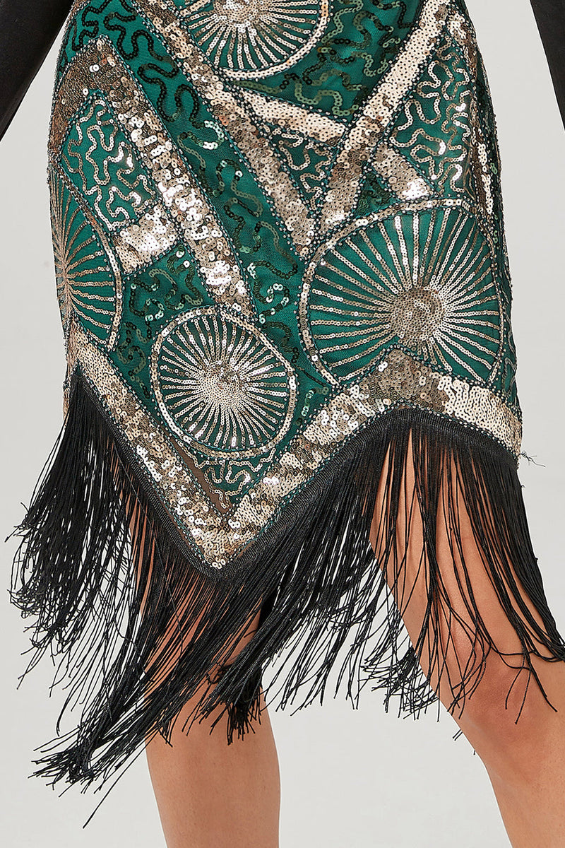 Cargar imagen en el visor de la galería, Vestido flapper verde oscuro de la década de 1920 con flecos