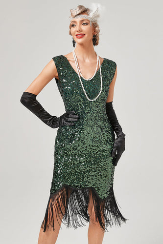 Vestido de Gatsby de lentejuelas de cuello en V verde oscuro con flecos