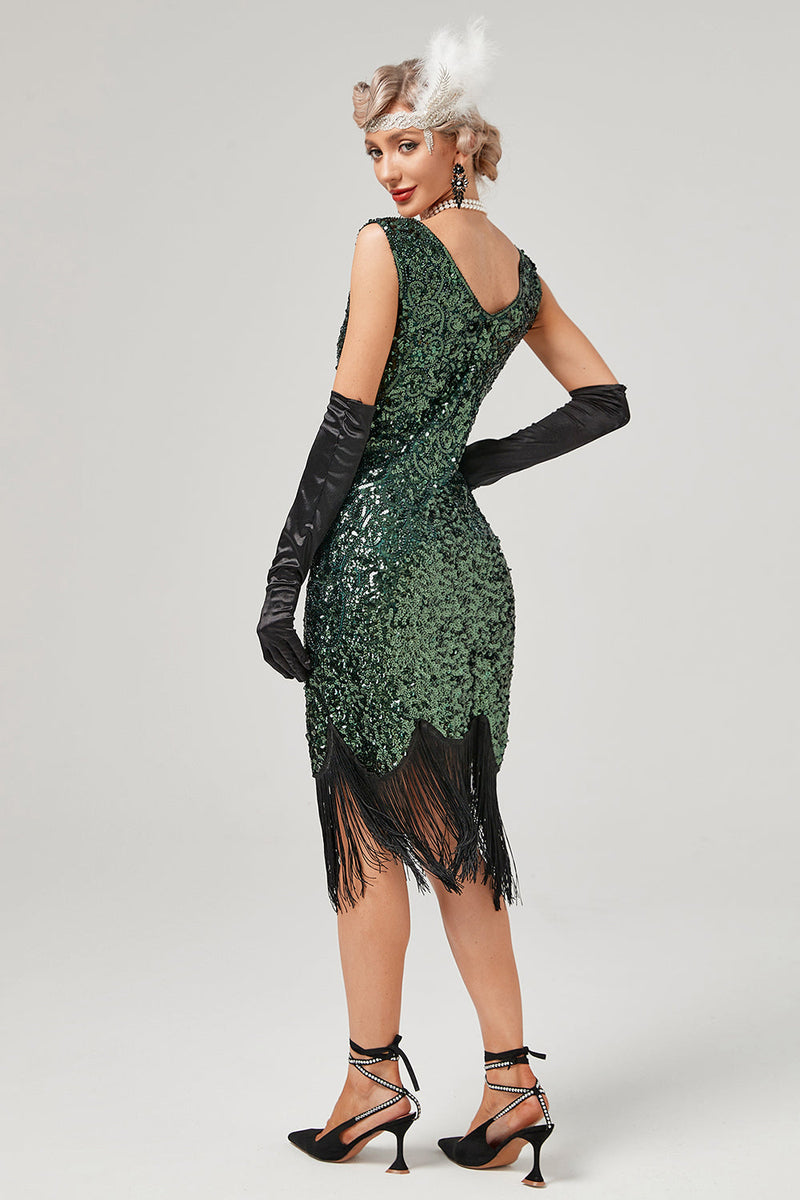 Cargar imagen en el visor de la galería, Vestido de Gatsby de lentejuelas de cuello en V verde oscuro con flecos