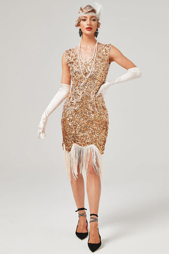 Vestido de Gatsby de lentejuelas de cuello en V verde oscuro con flecos