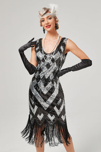 Green Scoop Cuello Vestido Flapper sin Mangas con Flecos