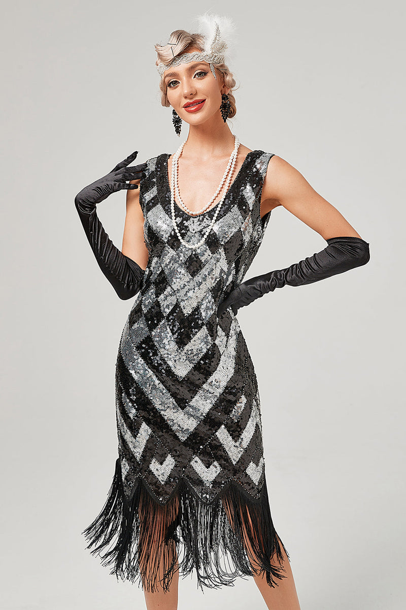 Cargar imagen en el visor de la galería, Green Scoop Cuello Vestido Flapper sin Mangas con Flecos