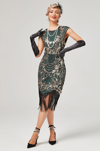 Vestido verde de cuello redondo dorado bordado de la década de 1920 con flecos