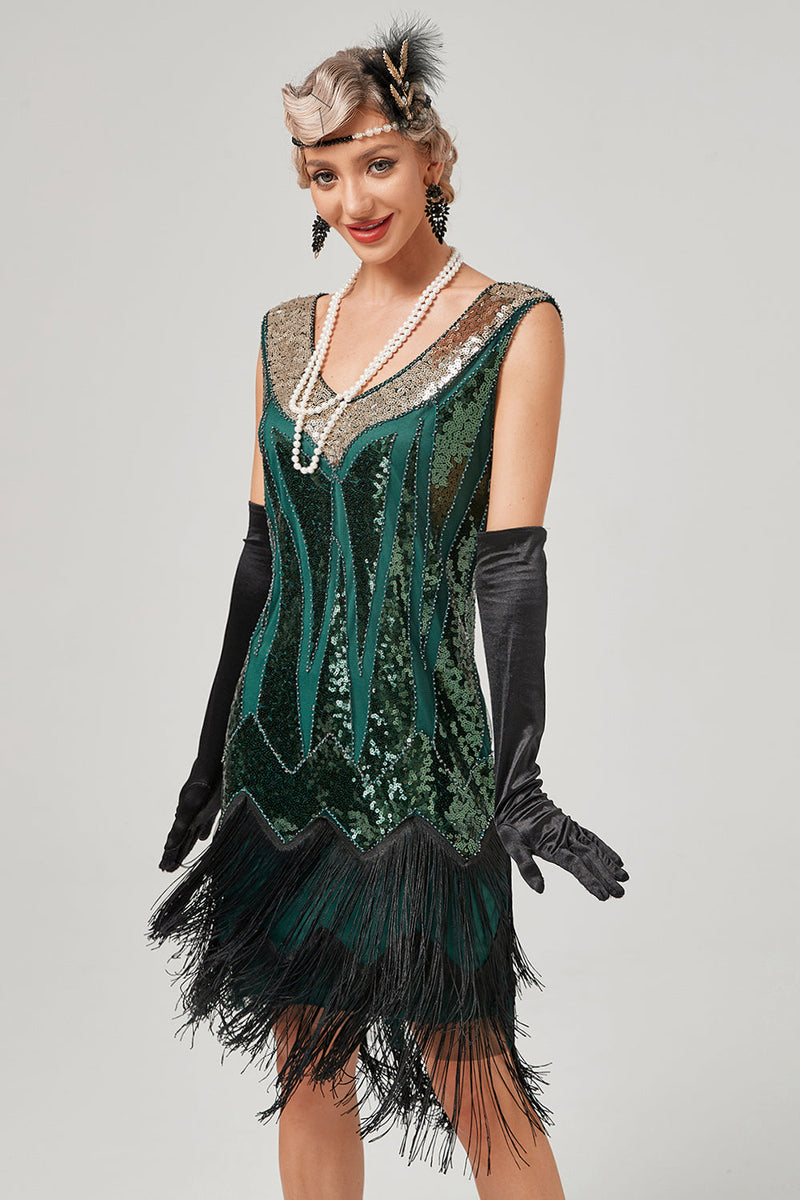Cargar imagen en el visor de la galería, Vestido de flapper negro verde con cuello en V con flecos