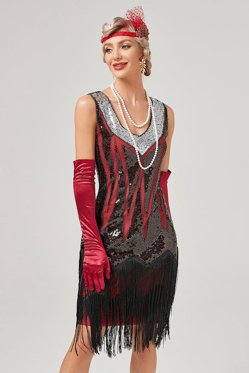 Cargar imagen en el visor de la galería, Vestido de flapper negro verde con cuello en V con flecos