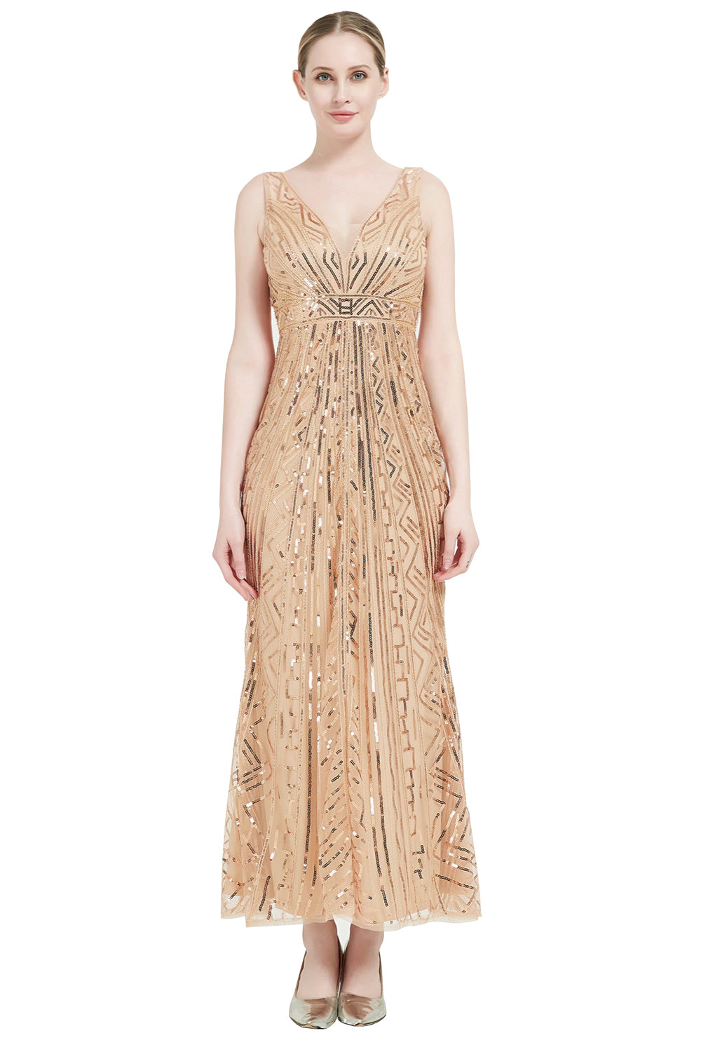 Lentejuelas Cuello en V Midi 1920s Flapper Vestido