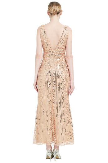 Lentejuelas Cuello en V Midi 1920s Flapper Vestido